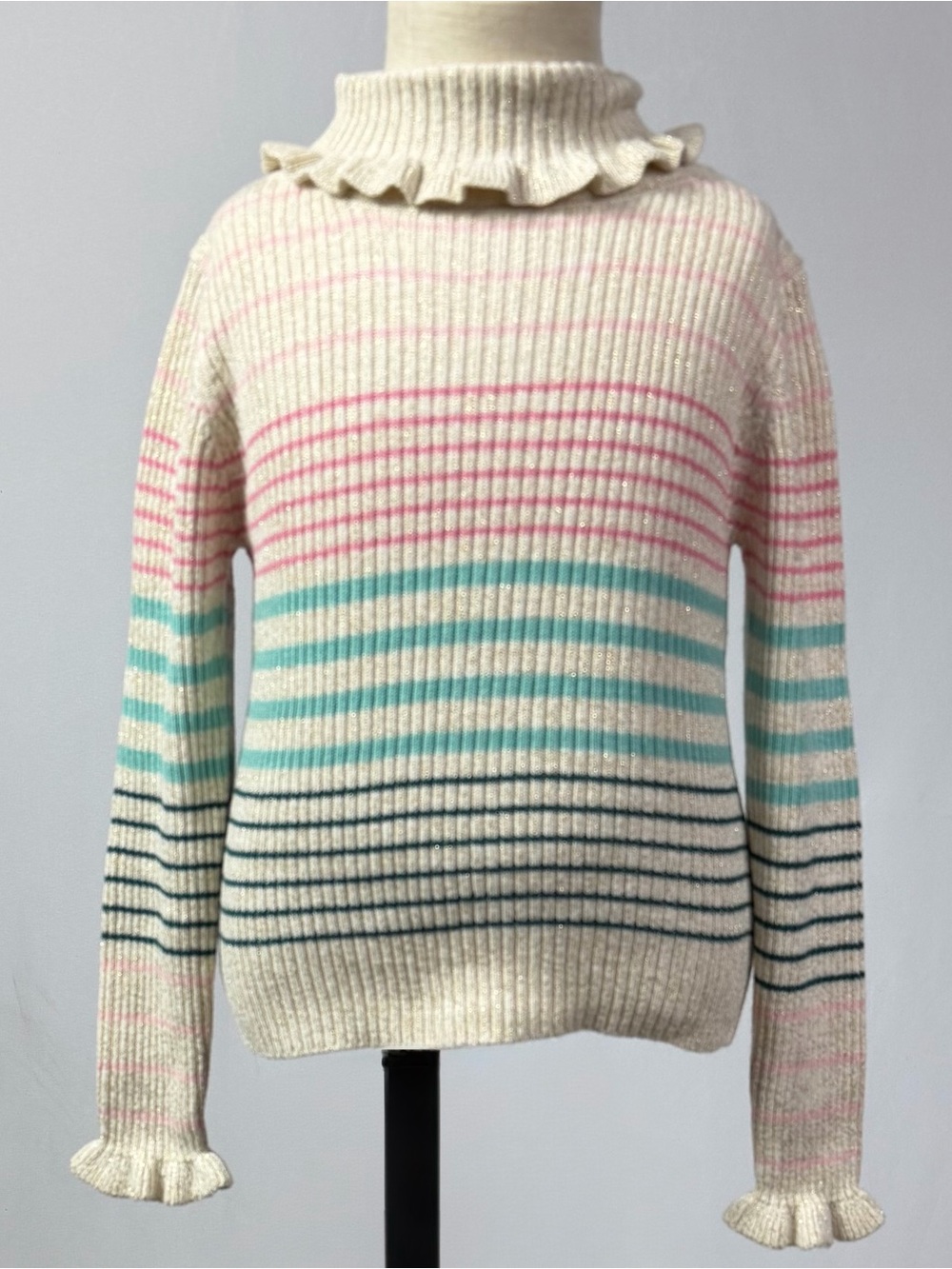 Tommy Bahama Cream Striped Ruffle Mock Neck Sweater
